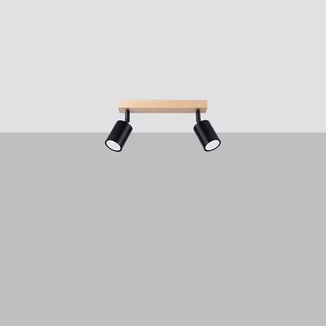 Plafonnier bois et métal noir 2 spots avec ampoules LED allumées