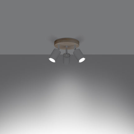 Gros plan sur un spot orientable en acier blanc fixé à la barre en bois massif