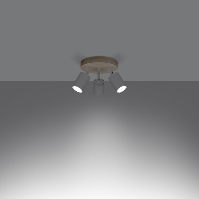 Gros plan sur un spot orientable en acier blanc fixé à la barre en bois massif