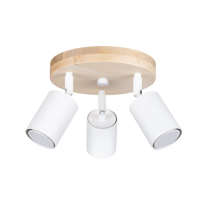 Plafonnier 3 spots en bois clair et acier blanc, vue de face sur fond blanc