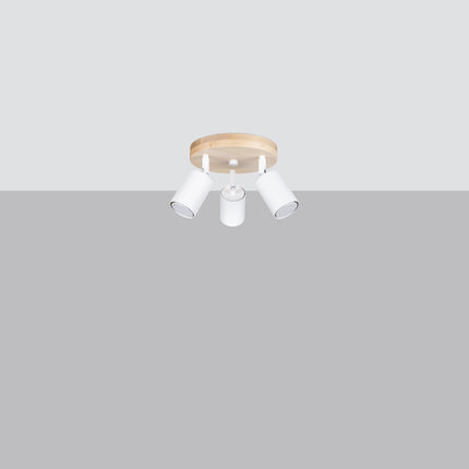 Plafonnier bois et métal blanc 3 spots avec ampoules LED allumées