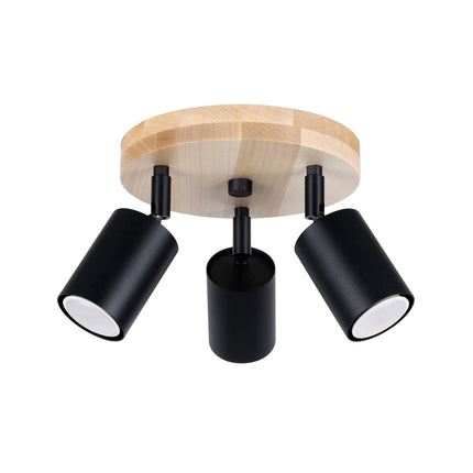 Plafonnier 3 spots en bois clair et acier noir, vue de face sur fond blanc