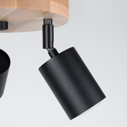 Schéma technique avec les dimensions du plafonnier 3 spots bois et métal noir