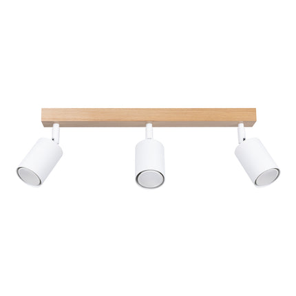 Plafonnier 3 spots en bois clair et acier blanc, vue de face sur fond blanc