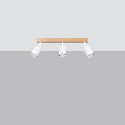 Plafonnier bois et métal blanc 3 spots avec ampoules LED allumées