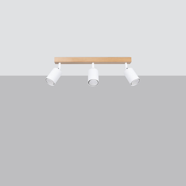 Plafonnier bois et métal blanc 3 spots avec ampoules LED allumées