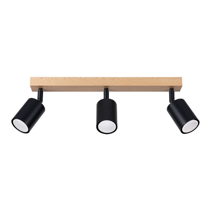Plafonnier 3 spots en bois clair et acier noir, vue de face sur fond blanc