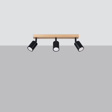 Plafonnier bois et métal noir 3 spots avec ampoules LED allumées