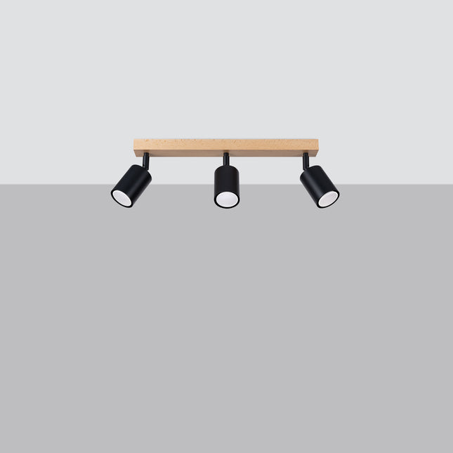 Plafonnier bois et métal noir 3 spots avec ampoules LED allumées