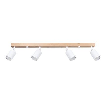Plafonnier 4 spots en bois clair et acier blanc, vue de face sur fond blanc