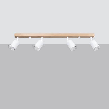 Plafonnier bois et métal blanc 4 spots avec ampoules LED allumées