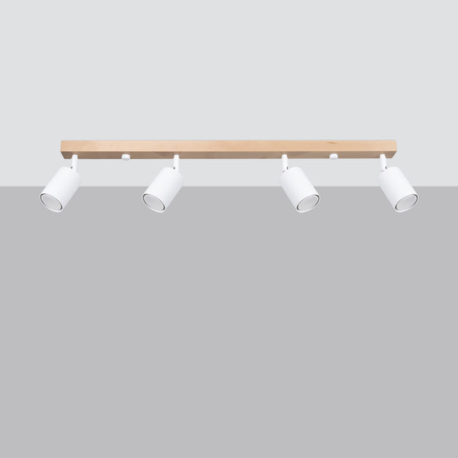 Plafonnier bois et métal blanc 4 spots avec ampoules LED allumées