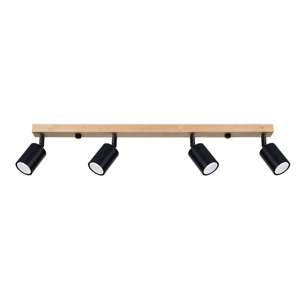 Plafonnier 4 spots en bois clair et acier noir, vue de face sur fond blanc