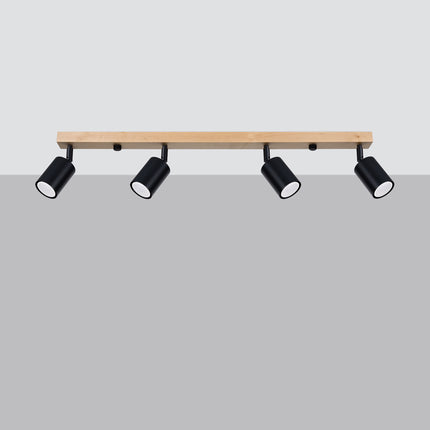 Plafonnier bois et métal noir 4 spots avec ampoules LED allumées
