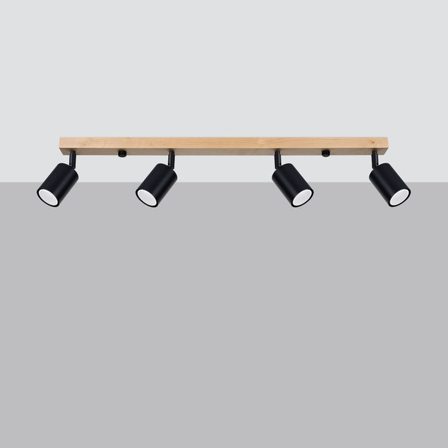 Plafonnier bois et métal noir 4 spots avec ampoules LED allumées