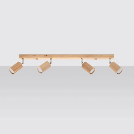 Vue de face du plafonnier bois naturel à quatre spots orientables GU10