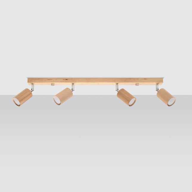 Vue de face du plafonnier bois naturel à quatre spots orientables GU10