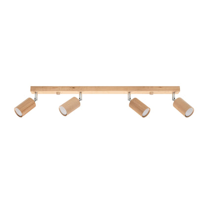 Plafonnier en bois naturel avec quatre spots orientables sur fond blanc