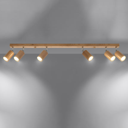 Plafonnier bois naturel minimaliste, six spots orientés en angle