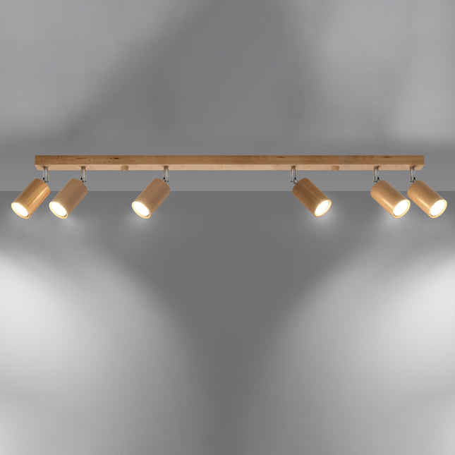 Plafonnier bois naturel minimaliste, six spots orientés en angle