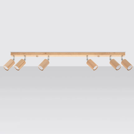 Vue de face du plafonnier bois naturel à six spots orientables GU10