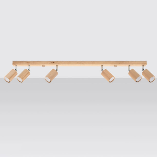 Vue de face du plafonnier bois naturel à six spots orientables GU10