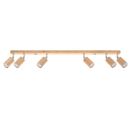 Plafonnier en bois naturel avec six spots orientables sur fond blanc