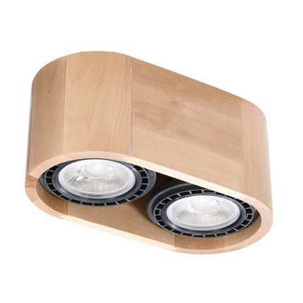 Plafonnier en saillie double spot orientable en bois naturel, forme oblongue, vue de face