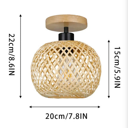Esquema de las medidas del plafón de bola de bambú, pantalla de 20 x 15 cm y altura de 22 cm