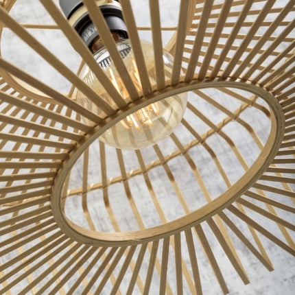 Inside view of the Bromo ceiling light showing the E27 bulb and the radiating bamboo weave