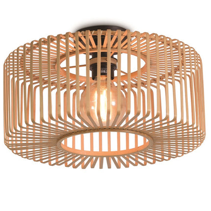 Product shot of the round Bromo ceiling light in natural woven bamboo, 40 cm, bulb lit, white background