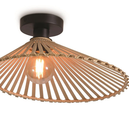 Bromo ceiling light in braided natural bamboo with mounting ceiling black, filament bulb lit, background white