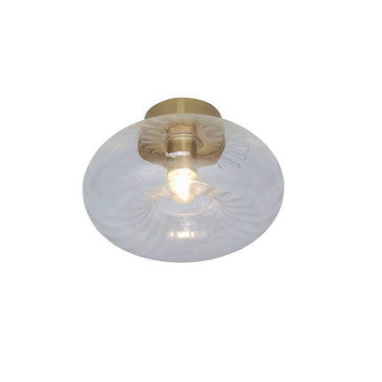 Plafonnier Brussels rond en verre cannelé transparent et métal doré, vue de face sur fond blanc