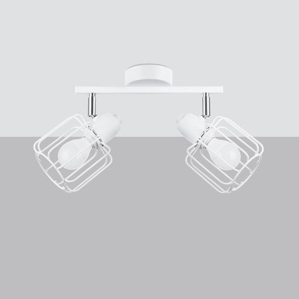 Vue de profil du plafonnier cage orientable 2 spots blanc et de sa barre en acier