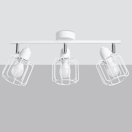 Vue de profil du plafonnier cage orientable 3 spots blanc et de sa barre en acier