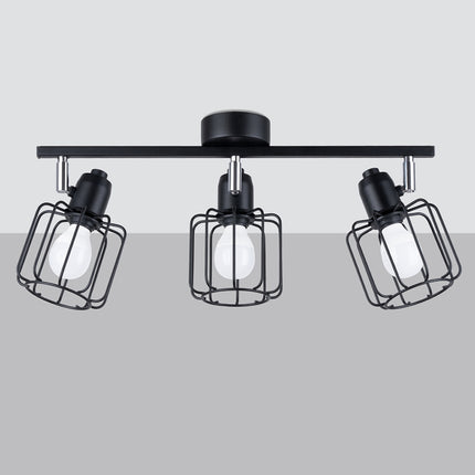 Vue de profil du plafonnier cage orientable 3 spots noir et de sa barre en acier