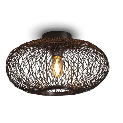 Product shot of the Cango ceiling light in black woven bamboo, oval shape, 40 cm diameter