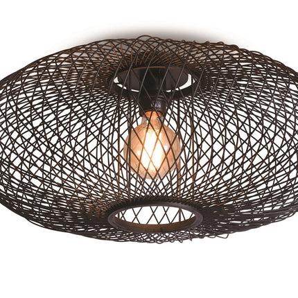 Plafonnier Cango ellipse en métal noir tressé façon résille, diamètre 60 cm, vue de face sur fond blanc