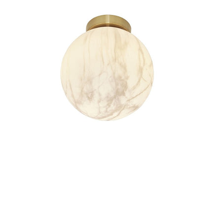 Plafonnier Carrara complet sur fond blanc, globe verre effet marbre et support doré