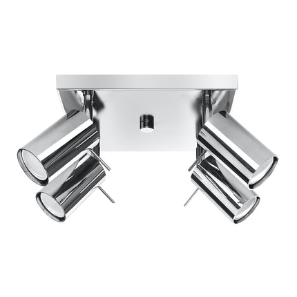 Plafonnier carré chromé à 4 spots vu de trois quarts, platine carrée et têtes cylindriques, fond blanc