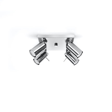 Plafonnier carré à 4 spots cylindriques orientables en acier chromé sur platine 25 cm, fond blanc