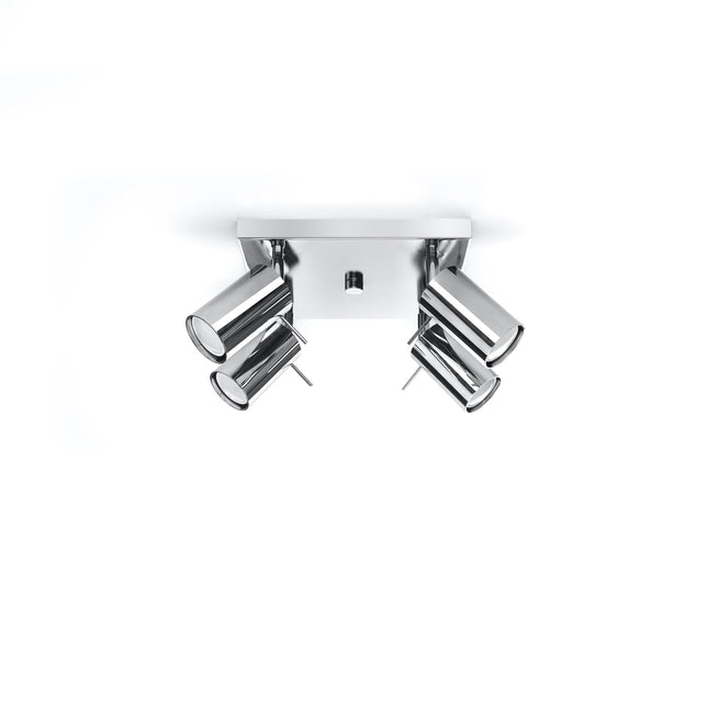 Plafonnier carré à 4 spots cylindriques orientables en acier chromé sur platine 25 cm, fond blanc