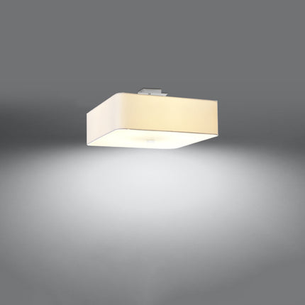 plafonnier carré en tissu blanc 45 cm, lumière allumée