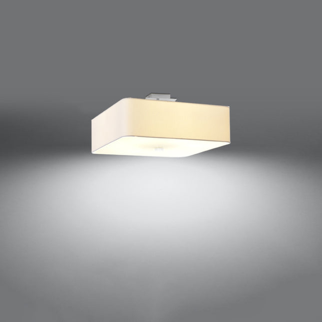 plafonnier carré en tissu blanc 45 cm, lumière allumée