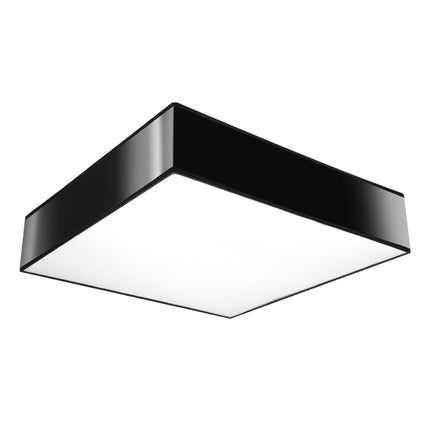 Plafonnier carré noir 55 cm sur fond blanc, bordure noire laquée et diffuseur blanc