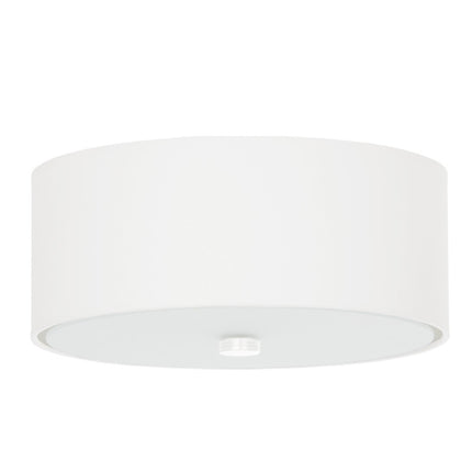 Plafonnier Cercle Plein blanc 30 cm, abat-jour tambour en tissu blanc et diffuseur en verre, vu de face.