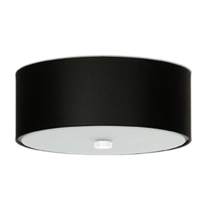Plafonnier Cercle Plein noir 30 cm, abat-jour tambour en tissu noir et diffuseur en verre, vu de face.