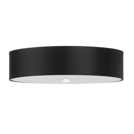 Plafonnier Cercle Plein noir 50 cm, large abat-jour tambour en tissu noir et diffuseur en verre, vu de face.