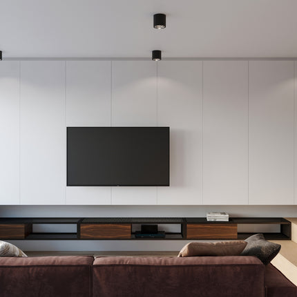 Deux plafonniers circulaires noirs au plafond d'un salon minimaliste avec téléviseur mural