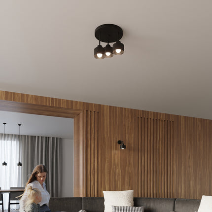 Vue technique de la fixation au plafond du plafonnier cloche 2 feux noir mat